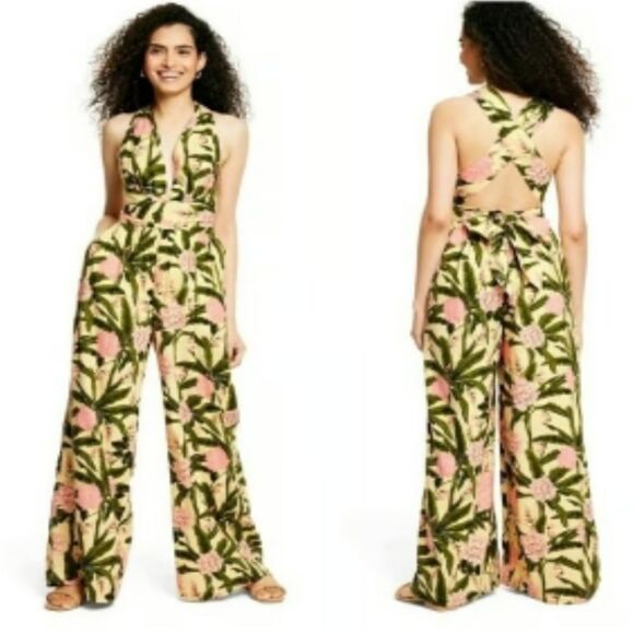 Agua Bendita x Target XL Floral Palm Jumpsuit Wide leg Halter top yellow green - Picture 1 of 10